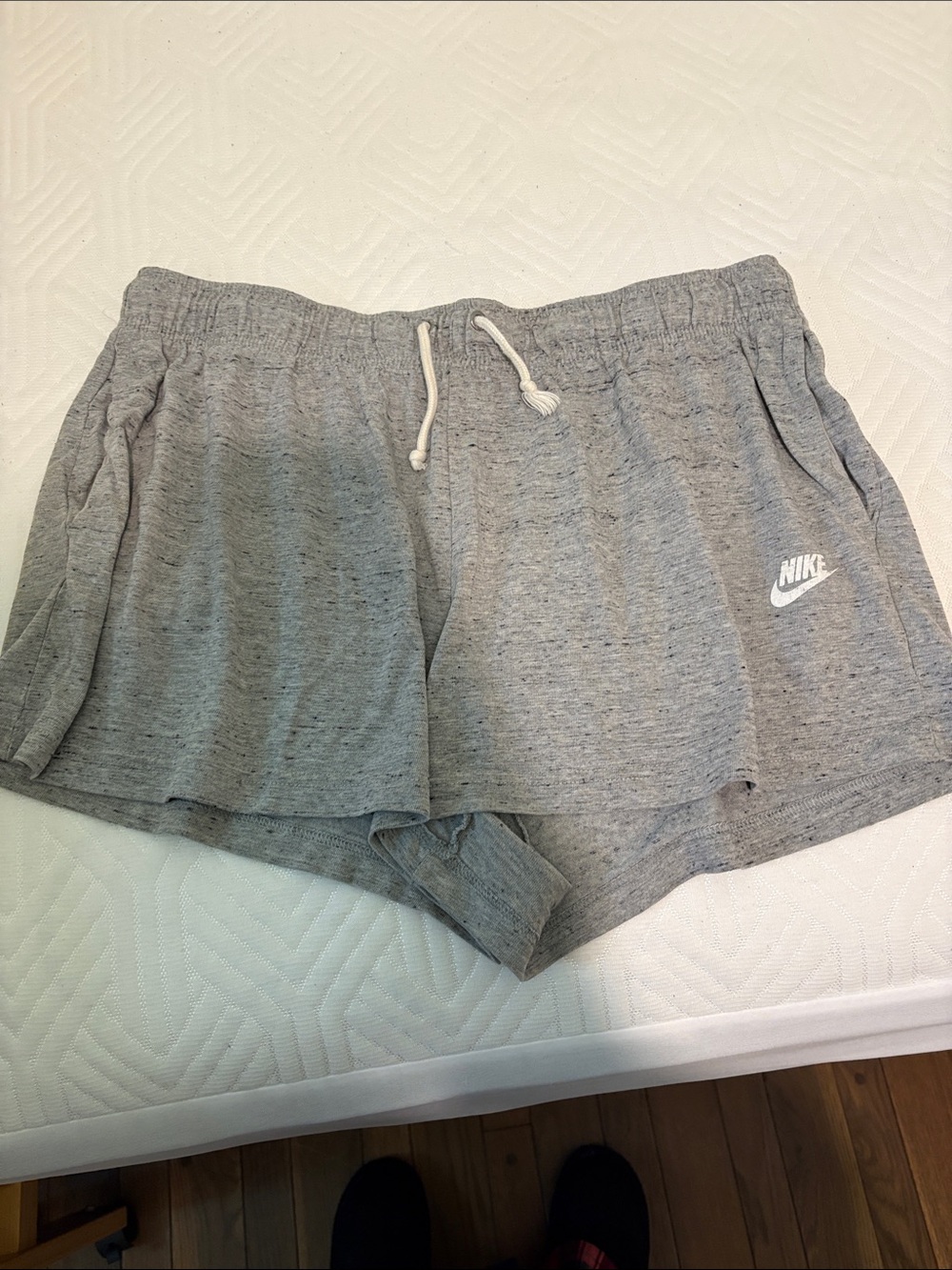 Nike Women’s Light Gray Layered Athletic Shorts with White Drawcord